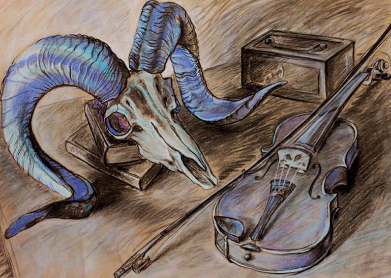 „Geige und Mufflonschädel"
